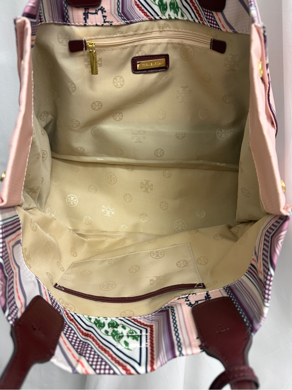 Tory Burch Large Ella Tote Geometric Floral Scarf Print Burgundy Leather Logo - Picture 4 of 15